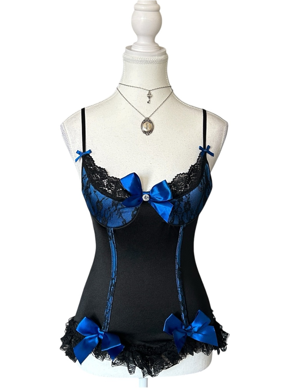 Y2K “Coquette” Black and Blue Lace Trim Bow Corset Bustier Top